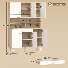 Armário de Cozinha Alto com 6 Portas e Grande Gaveta Prateleiras Bancada Ampla para Micro-ondas 120x40x175 cm Branco e Madeira