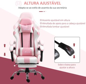 Cadeira de Gaming Reclinável Giratória com Apoio para a Cabeça Apoio para os Pés e Almofada Lombar 64x67x119-127 cm Rosa