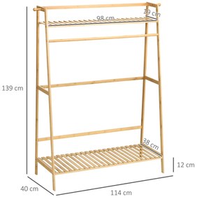 Suporte para Cabide de Bambu para Roupa com 2 Prateleiras de Armazenamento 2 Ganchos Laterais e Barra Suspensa para Entrada Dormitório Escritório 114x