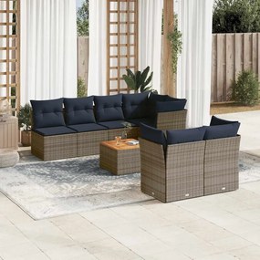 8 pcs conjunto sofás p/ jardim c/ almofadões vime PE cinzento