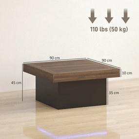 Mesa de Centro Quadrada, 90 x 90 x 45 cm, Iluminação LED RGB Personalizável, cor Nogueira