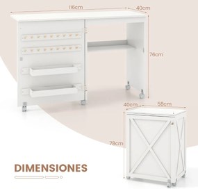 Mesa de Costura Dobrável Multifuncional Estante Compacta 2 Tabuleiros e 18 Pinos Armário de Costura com Porta e 5 Rodas Branco