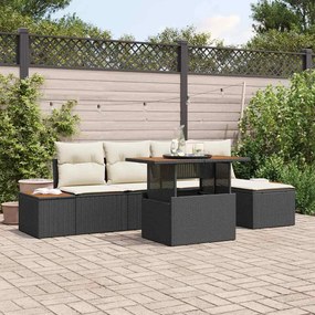 vidaXL Conjunto de Jantar de Jardim com 6 Peças e Almofadas Pretas em Rattan de Polipropileno e Madeira de Acácia.