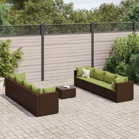 vidaXL 9 pcs conjunto lounge jardim c/ almofadões vime PE castanho