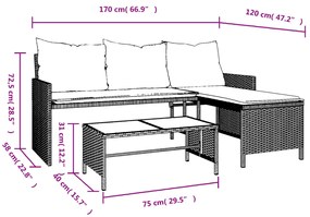 Sofá de jardim forma de L c/ mesa e almofadões vime PE cinzento