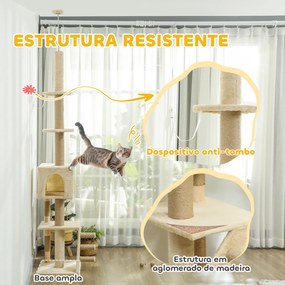 Arranhador para Gatos do Chão ao Teto de 225-265 cm  com Altura Ajustável Múltiplas Plataformas Escada Bola Suspensa Bege