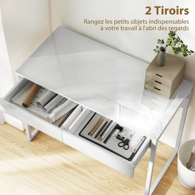 Secretária com 2 gavetas, mesa para computador de 100 x 50 cm, secretária moderna com base em aço, para espaços pequenos, branco brilhante