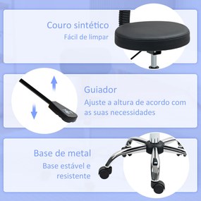 Banco Giratório Banco com Rodas e Encosto Banco de Trabalho com Altura Ajustável 78-93 cm Estofado em Couro Sintético Preto