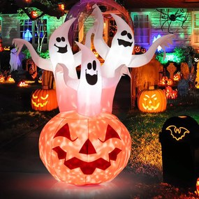 Três Fantasmas Insufláveis de Halloween com Abóbora Decoração de Abóbora Insuflável com Luzes LED Integradas e Lâmpada Giratória