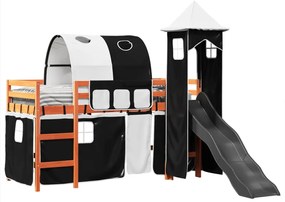 Cama alta criança c/ torre 90x200 cm pinho maciço branco/preto