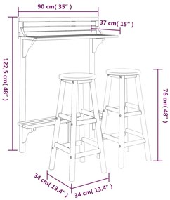 3 pcs conjunto de bar para jardim madeira de acácia maciça