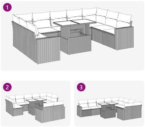 10 pcs conjunto de sofás p/ jardim com almofadões vime PE bege