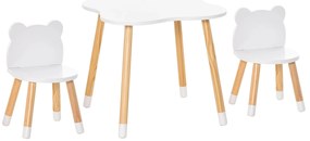 HOMCOM Conjunto Infantil de Mesa e 2 Cadeiras de Madeira Móveis Infantil para Sala de Jogos Dormitório de Crianças Mesa 56x56x50cm e Cadeira 28x25x46cm Branco