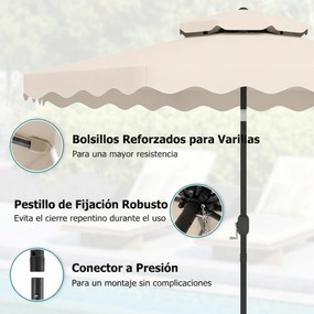 Guarda-sol de 300 cm com inclinação bidirecional de 30° (BASE NÃO INCLUIDA), teto ventilado, 2 camadas, 8 varas metálicas e folhos, para pátio e pisci