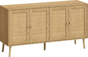 HOMCOM Aparador de rattan com 4 portas, buffet de cozinha boho com 2 prateleiras ajustáveis, acabamento madeira natural | Aosom Portugal