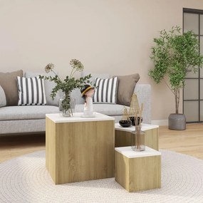 vidaXL Mesas de apoio 3 pcs contraplacado branco/carvalho sonoma