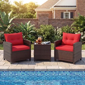 Conjunto de 3 Peças de Bistró Exterior com 2 Cadeiras e Mesa Auxiliar, 67 x 64 x 77 cm, Rattan PE Entrançado à Mão, Castanho e Vermelho