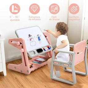 Conjunto de mesa e cadeira infantil de desenho magnético 2 em 1 com grande espaço ajustável em altura e acessórios para desenhar rosa