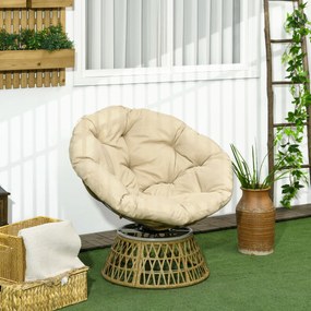 Cadeira Papasan Giratória de Vime Sintético com Almofada Suporta 120 kg para Exterior Jardim Terraço 85x70x82 cm Castanho e Cáqui