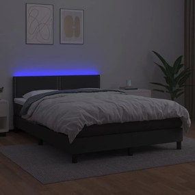 Cama box spring c/ colchão/LED 140x200cm couro artificial preto