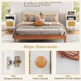 Conjunto 2 Mesas cabeçeira ou mesa Apoio com Estante Aberta e Porta Decorada em Rattan PE para Quarto Sala de Estar 40 x 39 x 70 cm Brancas