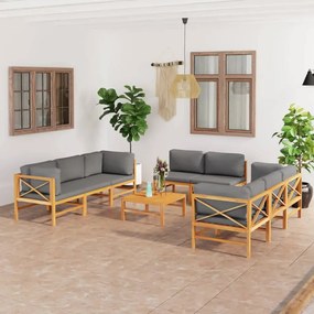 vidaXL 9 pcs conj. lounge de jardim + almofadões cinzentos teca maciça