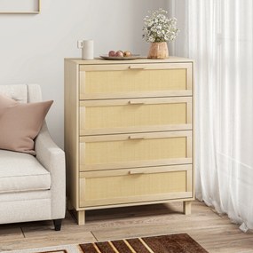 Cómoda com 4 gavetas em vime, 80 x 40 x 103 cm, MDF com acabamento em castanho claro
