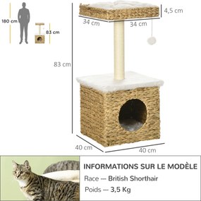 Arranhador para gatos de 2 níveis com 1 nicho, 1 poste de sisal, 1 plataforma de observação e 1 pompom suspenso