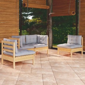 vidaXL 4 pcs conjunto lounge de jardim + almofadões cinza pinho maciço