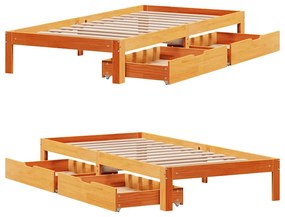 Estrutura de cama c/ gavetas 90x200cm pinho maciço castanho-mel