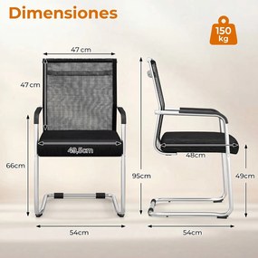 Conjunto de 2 Cadeiras de Escritório com Braços, 54 x 54 x 95 cm, Base Resistente, Preto