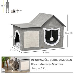 Casa para Gatos com Almofada para Arranhar almofada Macia e Bola Suspensa 65x41x45,5 cm Cinza