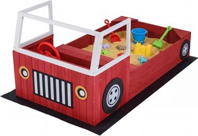 Caixa de areia infantil em madeira de abeto, em forma de camião dos bombeiros 156 x 80 x 70 cm, com banco, volante giratório, 2 assentos e tapete, , v