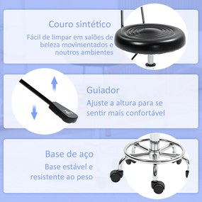 Banco Giratório com Rodas e Encosto Banco de Trabalho com Altura Ajustável Banco Estofado em Couro Sintético 32x40x70x70-86 cm Preto