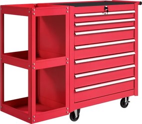 Carrinho de Ferramentas 96x33,5x75 cm com 7 Gavetas Estante de 3 Níveis Removível Sistema de Fecho Central Asa 2 Rodas com Travão Vermelho