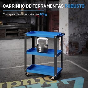 Carrinho de Ferramentas com 3 Prateleiras Rodas com Travão e Pega para Garagem Oficina 120 kg Azul e Preto