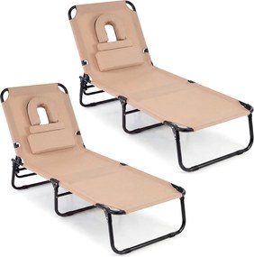 Conjunto de 2 Espreguiçadeiras Dobráveis, 63 x 142-194 x 92 cm, Encosto Ajustável em 5 Posições, Bege