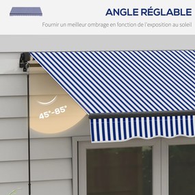 Toldo manual retrátil para varanda 295 L x 247 L cm, com inclinação ajustável, manivela, estrutura em alumínio e tecido de poliéster azul e branco