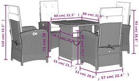 5 pcs conjunto de jantar p/ jardim c/ almofadões vime PE preto