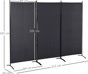 Biombo de 3 painéis, 2,53 x 0,5 x 1,82 A m.de proteção contra olhares indiscretos, biombo com base separadora em metal e poliéster cinzento escuro