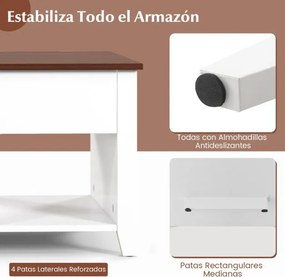 Mesa de centro de madeira elevável multifuncional com 3 prateleiras abertas para sala de estar 105 x 52 x 49 cm branca
