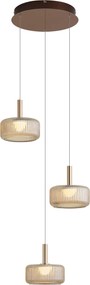 Candeeiro Suspenso de Design Ouro Rosa com Vidro Âmbar, LED Integrado Regulável em 3 Passos, 3 Luzes, Easylift - Fiera