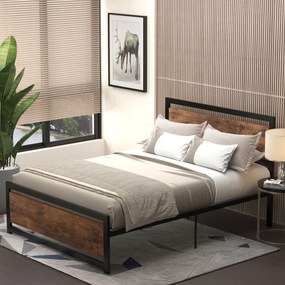 Estrutura de cama de casal em aço com base de cama e cabeceira, compatível com colchões de 190 x 140 cm (NÃO INCLUÍDO), com acabamento em madeira escu
