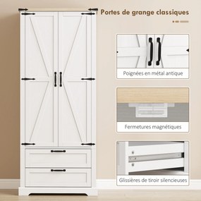 Armário de cozinha 76 x 40 x 180 cm, com 2 portas, 2 gavetas, prateleiras ajustáveis, estilo rústico, branco
