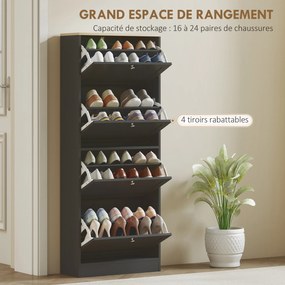 Sapateira com capacidade para 24 pares 60 x 23,5 x 153 cm, com 4 gavetas rebatíveis e prateleiras ajustáveis, preto