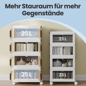 Caixas com tampa, Organizador com rodas, 4 níveis, 26 x 45 x 91 cm Branco