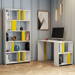 Secretária e Estante Lima – Branco e Amarelo – Secretária: 120x75,4x60
