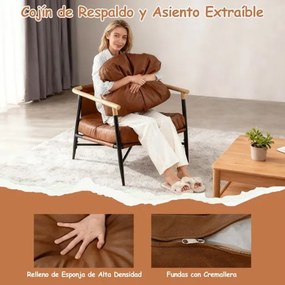 Poltrona de meados do século em couro sintético, com almofada de encosto removível e estrutura metálica, para sala de estar, quarto ou escritório, cor