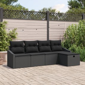 Conjunto de Sofás de Jardim de 5 Peças com Almofadas Preto Rattan Poly