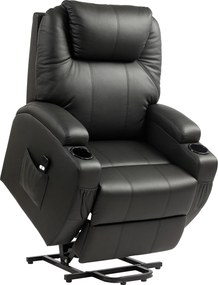 HOMCOM Poltrona de TV com ajuda elétrica para levantar, poltrona relax com função de deitar, controle remoto, porta-copos, bolso lateral, apoio para os pés, couro sintético, preto | Aosom Portugal
